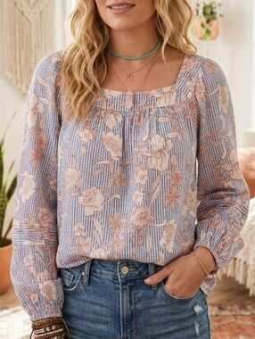 LC Lauren Conrad Blue Striped Peach Floral Square Neck Peasant Blouse Size M